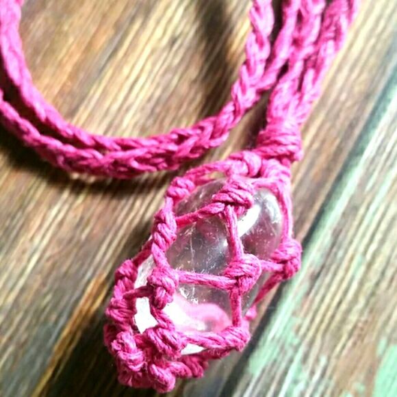 Macrame, Quartz Pink Hemp Necklace Handcrafted - Picture 8 of 13
